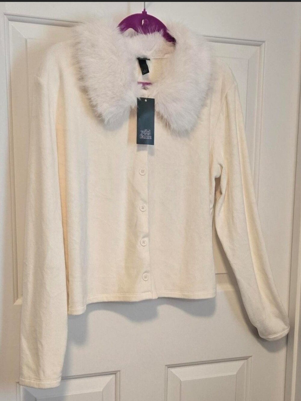Wild Fable Cream Faux-Fur Collar Button-Up Cardigan With Removable Collar Large